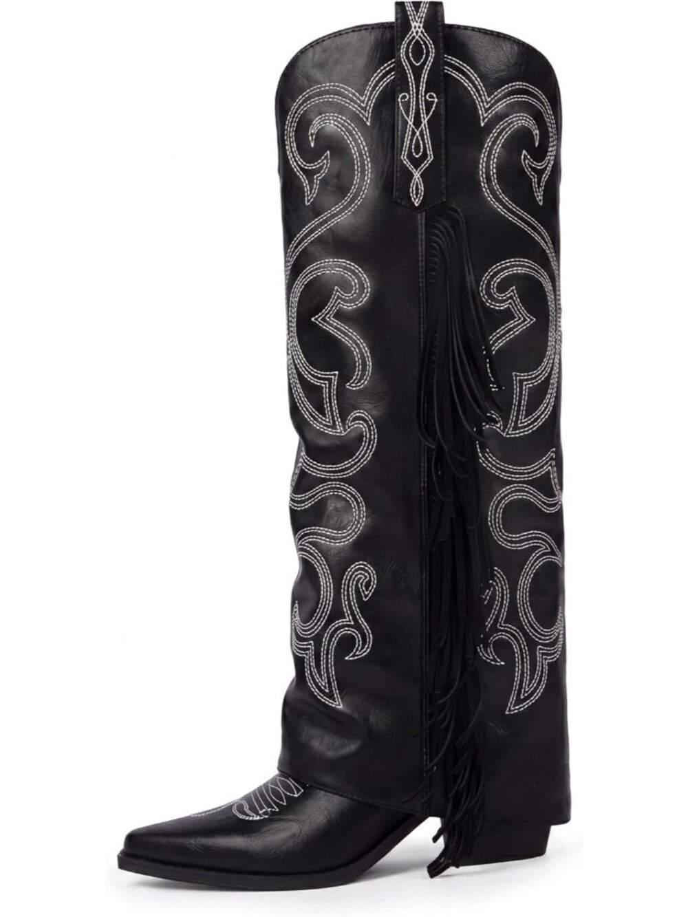 Women's Black Faux Leather Cowgirl Knee High Toe Chunky Heel Zipper Boot